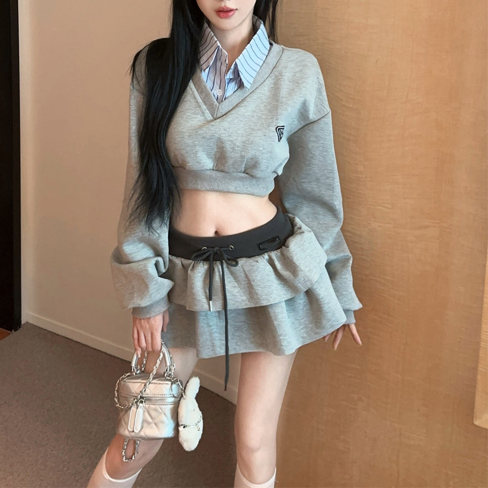 French Sexy Contrast Color Fake Two-Piece Sweatshirt High Waist Skirt Two-Piece Set