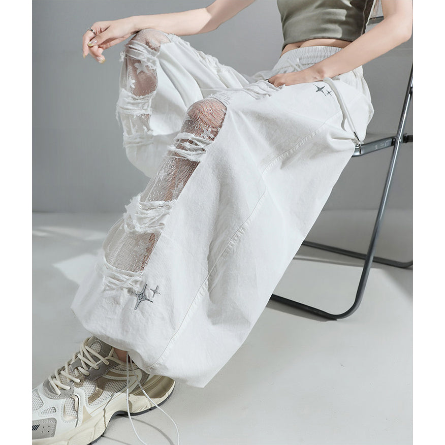 Fashionable Embroidered Lace Patchwork Curved Trousers