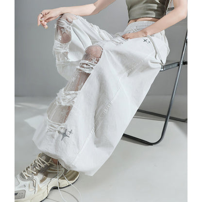 Fashionable Embroidered Lace Patchwork Curved Trousers