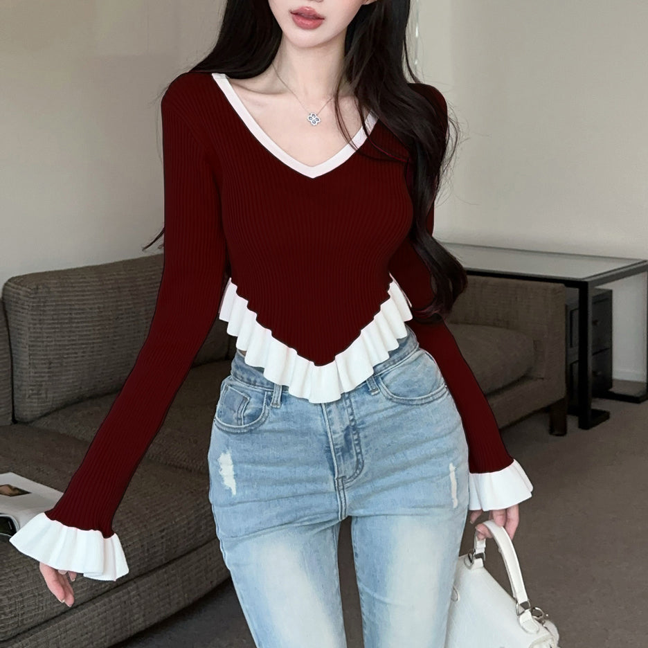 Ruffle Contrast Color Fashionable Sexy Irregular Long-Sleeved Knitted T-Shirt
