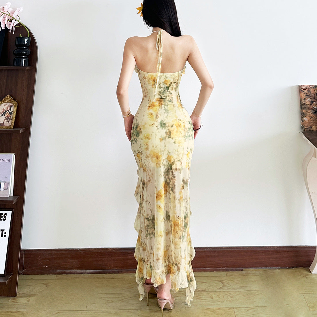 Fashion Irregular Slit Halter Neck Tie Sleeveless Floral Dress