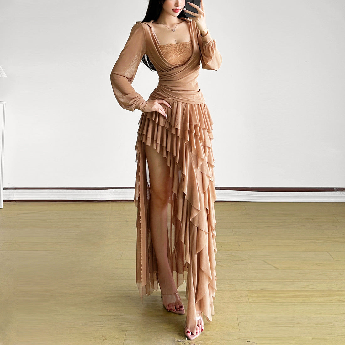 Solid Color Square Neck Long Sleeve Top Sexy Temperament Irregular Slit Skirt Suit