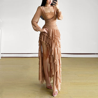 Solid Color Square Neck Long Sleeve Top Sexy Temperament Irregular Slit Skirt Suit