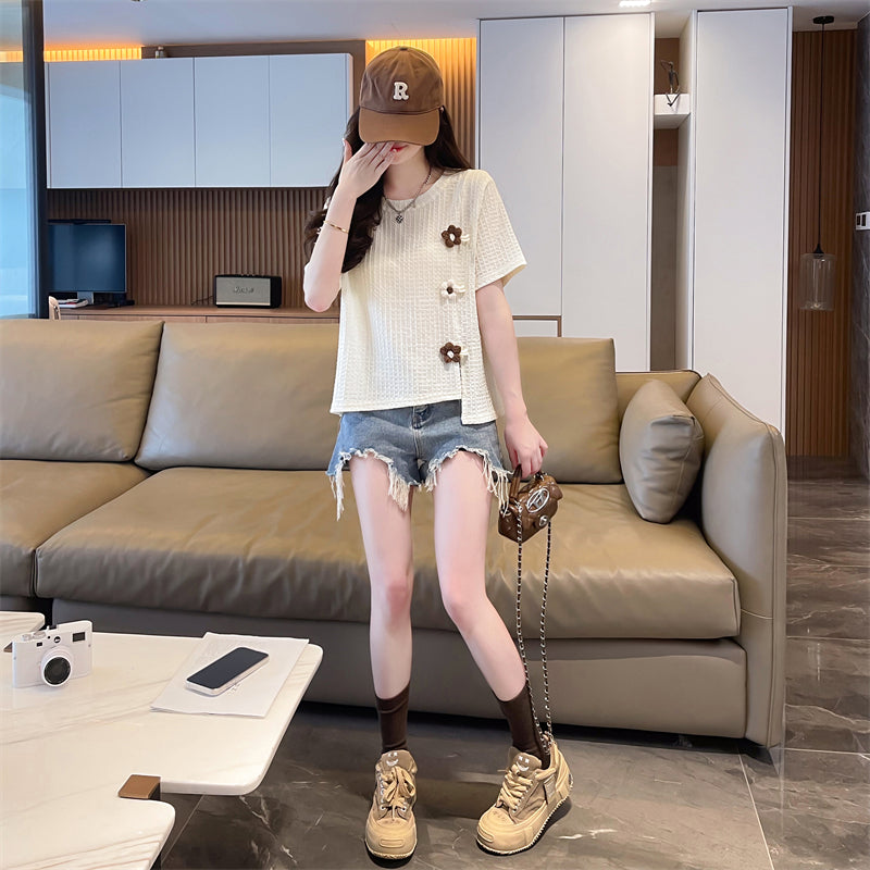 Irregular Slit Short-Sleeved T-Shirt
