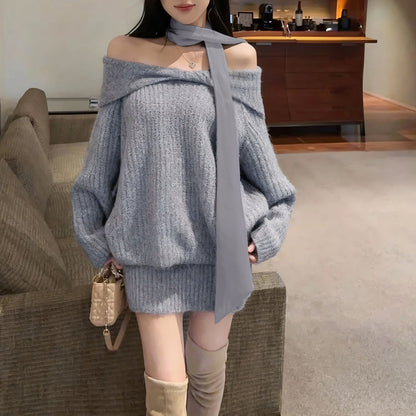 Off-Shoulder Loose Bow Tie Knit Sweater And Skirt Two-Piece Set