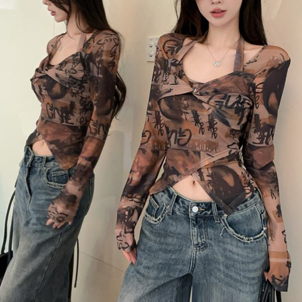 Halter Neck Irregular Fashion Sexy Print Long-Sleeved T-Shirt