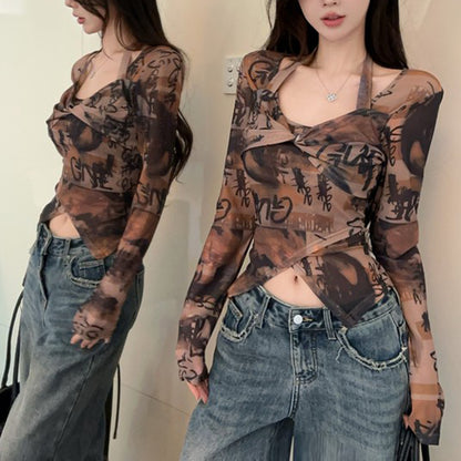 Halter Neck Irregular Fashion Sexy Print Long-Sleeved T-Shirt