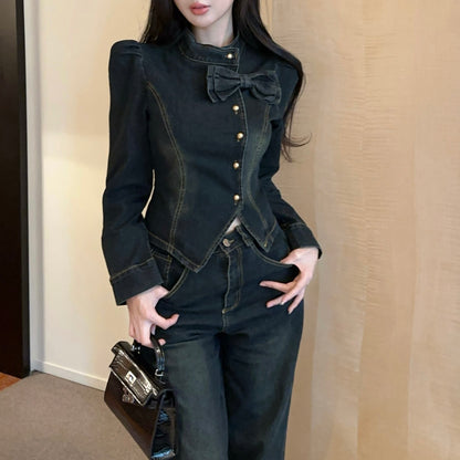 French-Style Sexy Bow-Knot Irregular Denim Top And High-Waisted Pants Set