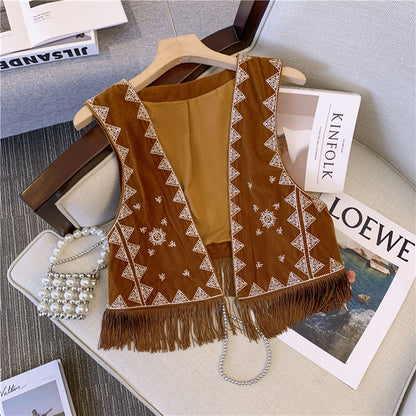Bohemian Ethnic Style Western Cowboy Brown Velvet Embroidered Vest