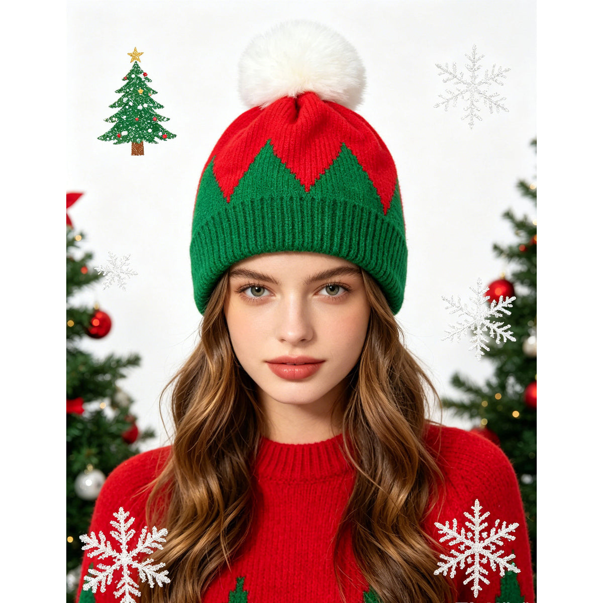 Christmas Red and Green Color-Block Pom-Pom Knit Hat