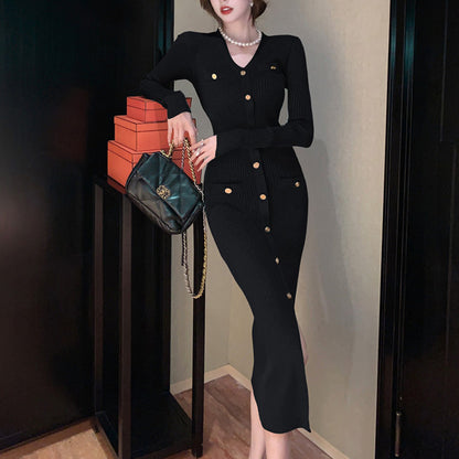V-Neck Button-Down Long-Sleeved Dress