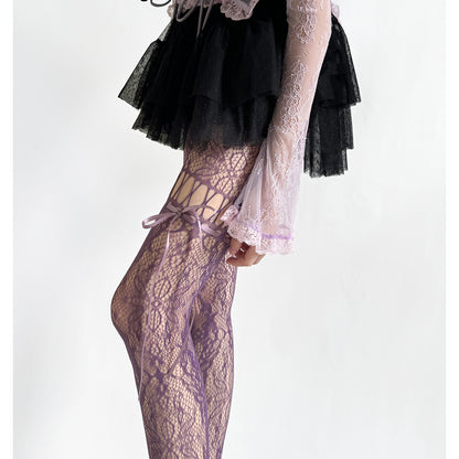 Retro Hollow Lace Bow Tie Fishnet Stockings