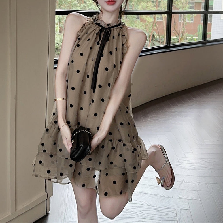 Sweet Polka Dot Ruffle Halter Neck Loose A-Line Dress