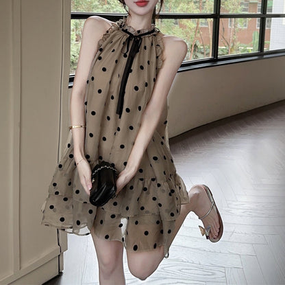 Sweet Polka Dot Ruffle Halter Neck Loose A-Line Dress