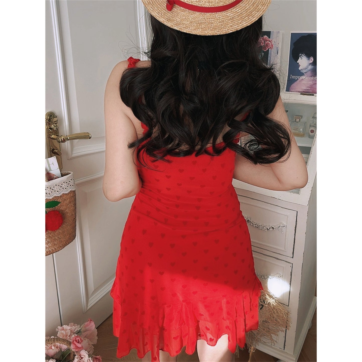 Retro Red Heart-Shaped Ruffled Mesh Vacation Sundress