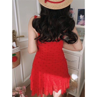 Retro Red Heart-Shaped Ruffled Mesh Vacation Sundress