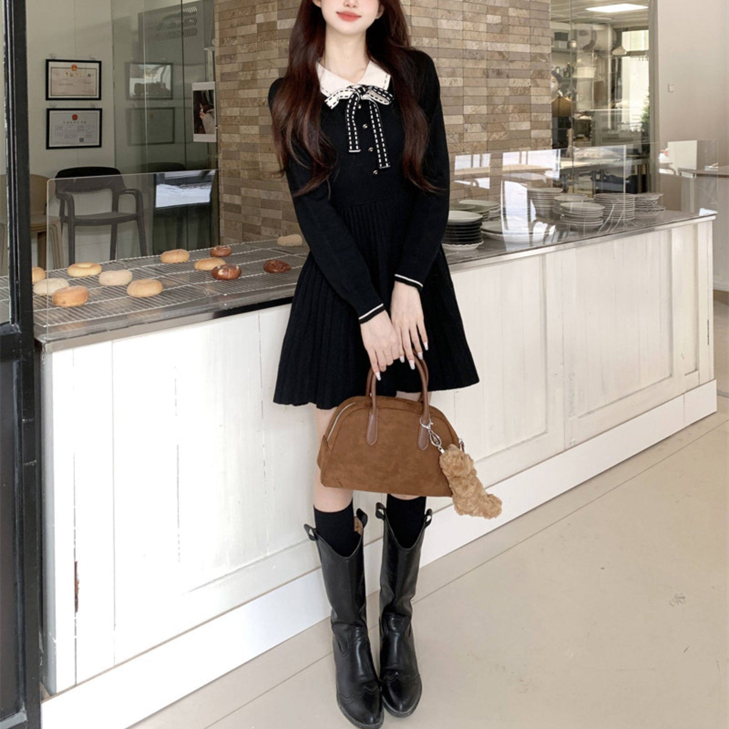 Polo-Neck Knitted Black Dress