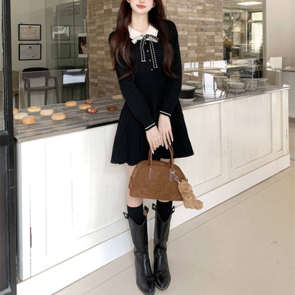 Polo-Neck Knitted Black Dress