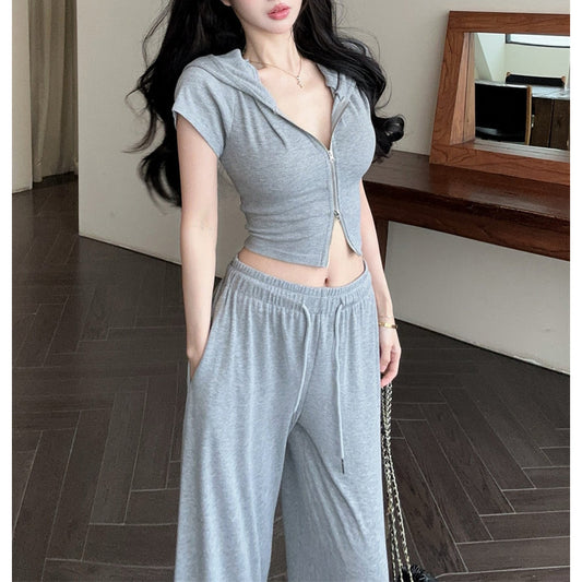 Casual And Stylish Hooded Double-Zip Short-Sleeved T-Shirt And Loose Wide-Leg Trousers Set
