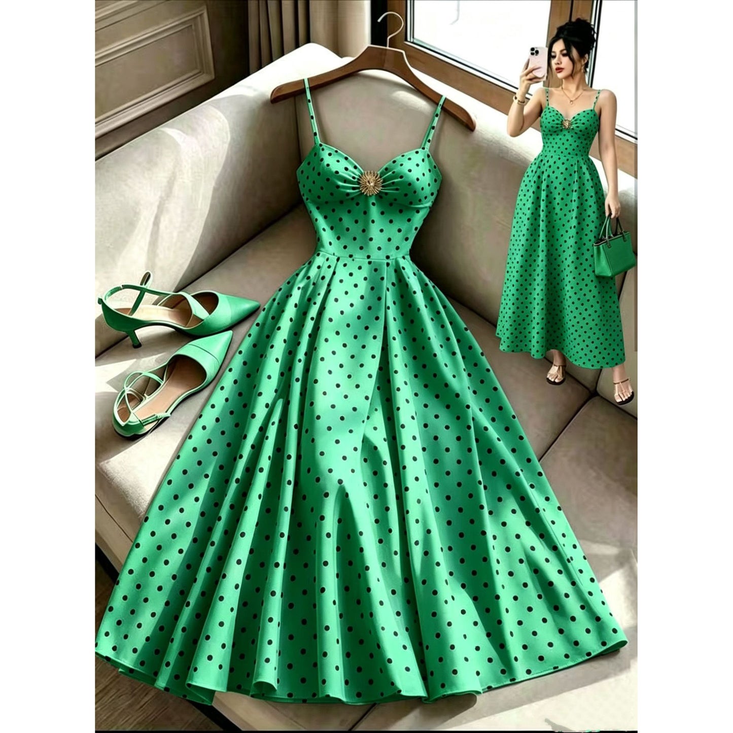 Hepburn-Style Sleeveless Polka-Dot Print Camisole Dress