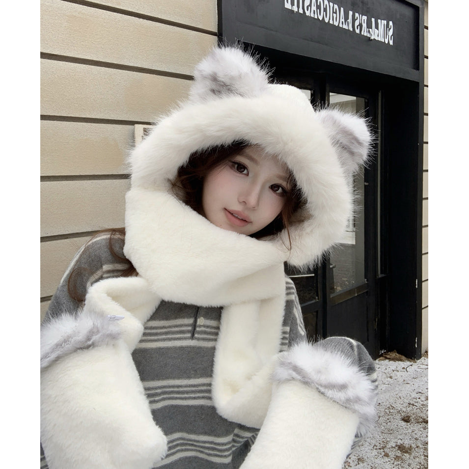 Cute Fox Windproof Winter Scarf Gloves Integrated Warm Plush Three-Piece Set