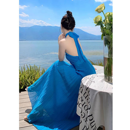 Halter Neck Flowing Chiffon Backless Holiday Dress