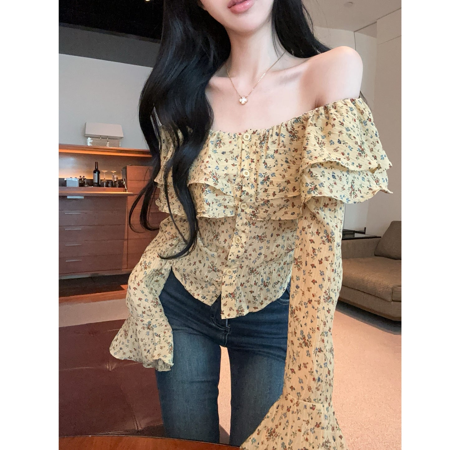 Ruffled Off-The-Shoulder Floral T-Shirt