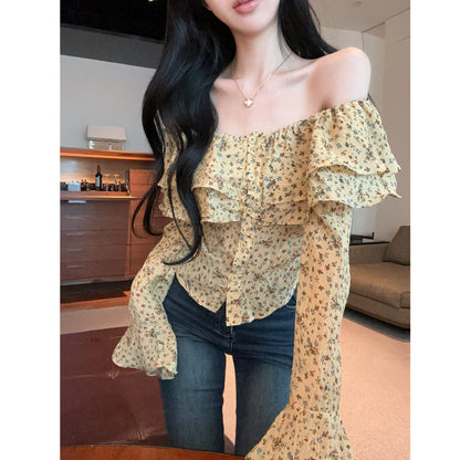 Ruffled Off-The-Shoulder Floral T-Shirt