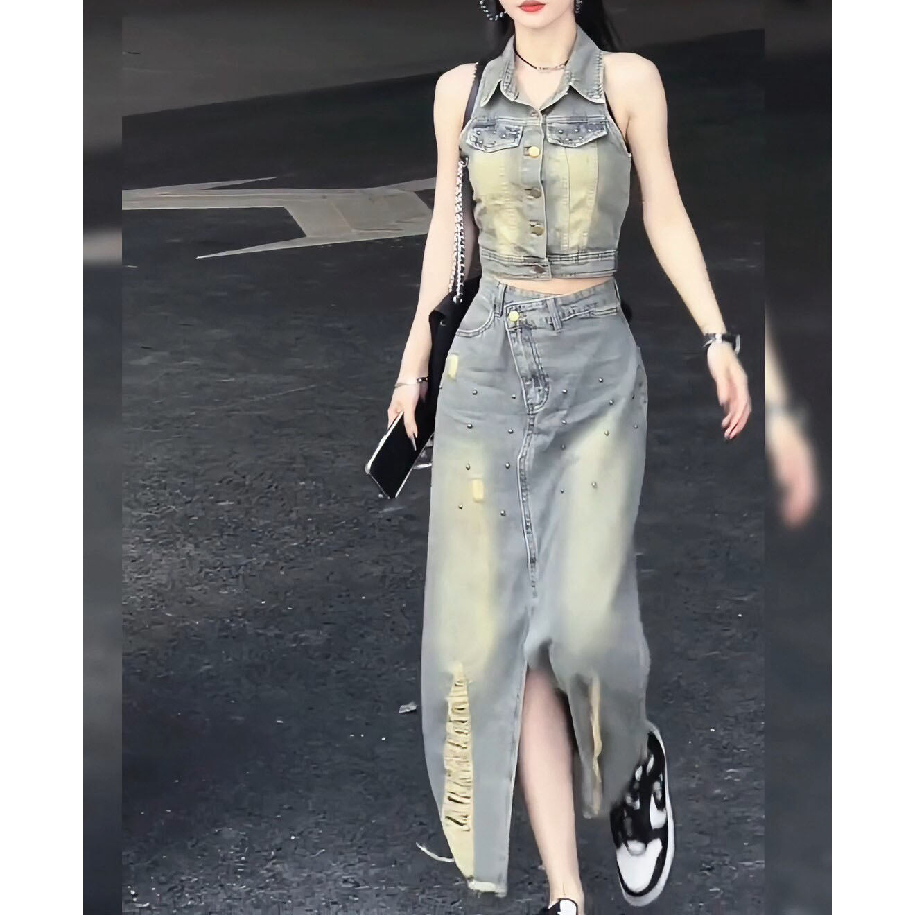 Halter Vest and Slit Skirt Two-Piece Set