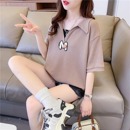 Loose Oversized Polo Neck Short-Sleeved Top