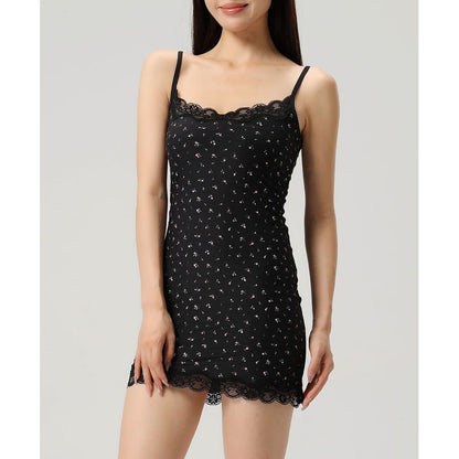 Black Floral Lace-Trimmed Slip Dress