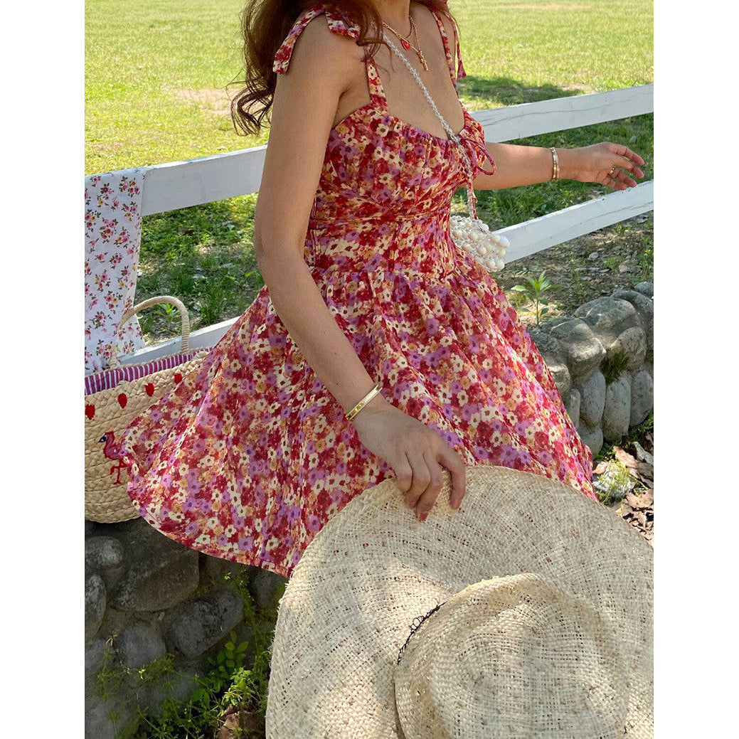 Retro Square Neckline Fitted Waist Floral Vacation Dress