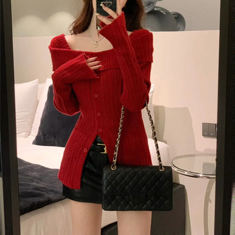 Christmas Red One-Shoulder Sweater