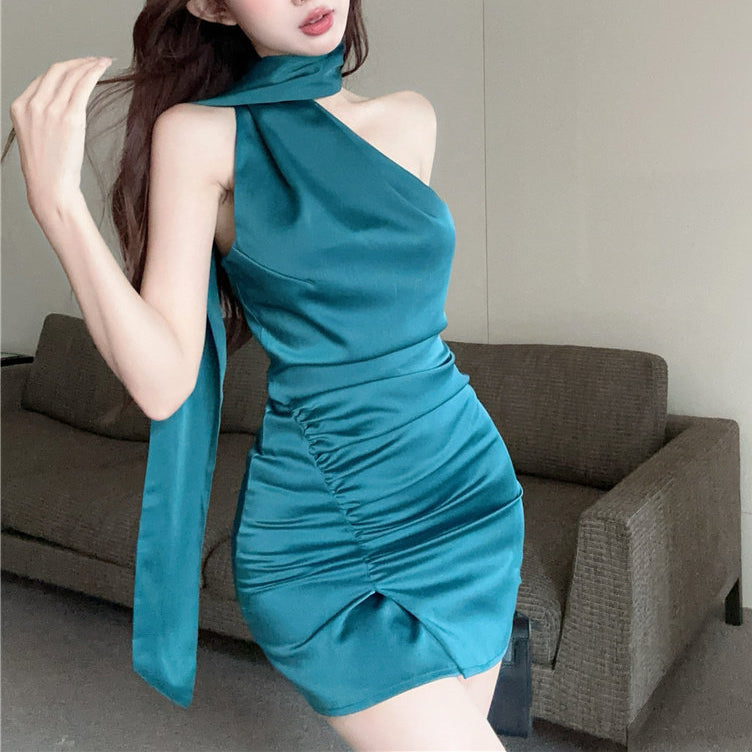 Sexy Halter-Neck Ribbon Silk Sleeveless Dress