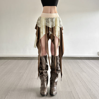 Multi-Layer Lace Patchwork Irregular Tassel Contrasting Color Skirt