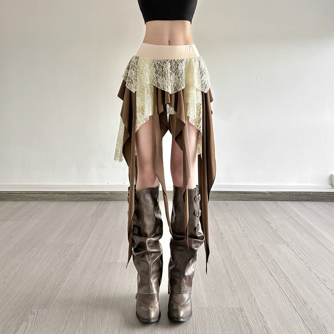 Multi-Layer Lace Patchwork Irregular Tassel Contrasting Color Skirt