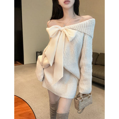 Off-Shoulder Loose Bow Tie Knit Sweater And Skirt Two-Piece Set