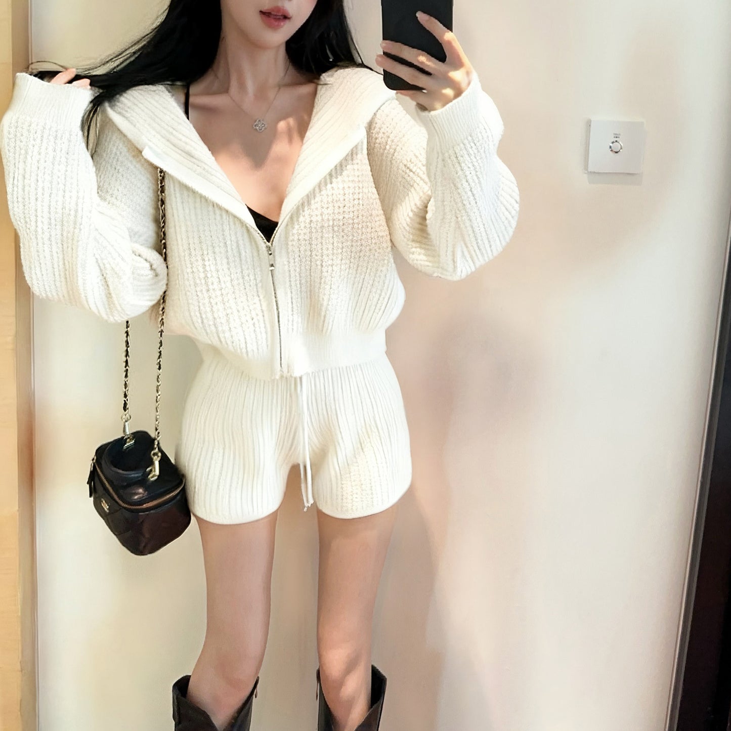 Casual Fashion Hooded Loose Long Sleeve Knitted Cardigan Sweater Drawstring Shorts Two-Piece Set
