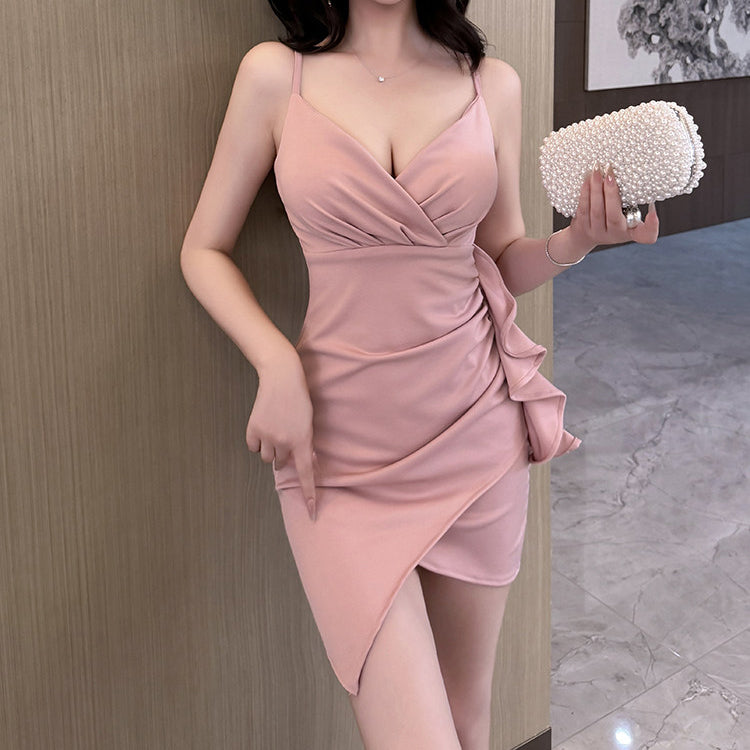Sexy V-Neck Ruffled Backless Slit Dress