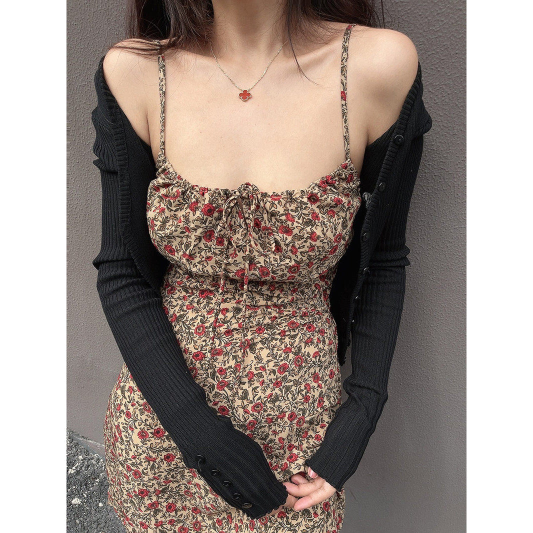 Retro Square Neck Floral Print Fitted Waist Sundress