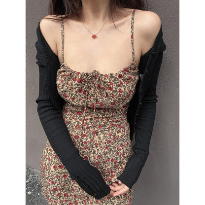 Retro Square Neck Floral Print Fitted Waist Sundress