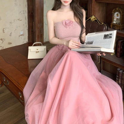 Sweet And Elegant Strapless Crop Top And High-Waisted Loose Mesh Skirt Set