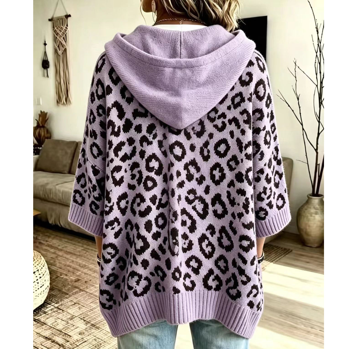Leopard Print Hooded Drawstring Knit Pullover Sweater