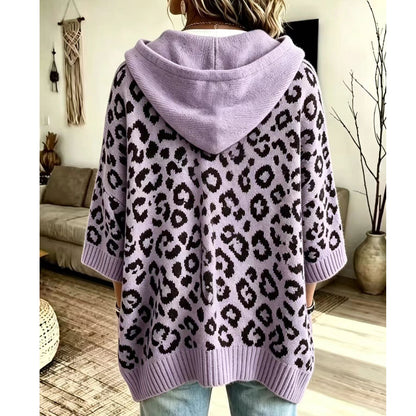 Leopard Print Hooded Drawstring Knit Pullover Sweater