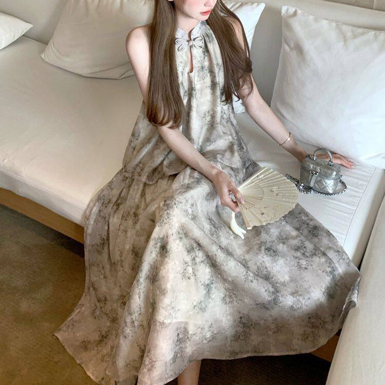 New Chinese Style Tie-Dye Halter Neck Top And Long Skirt Two-Piece Set