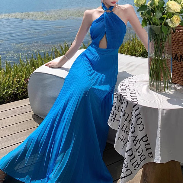 Halter Neck Flowing Chiffon Backless Holiday Dress