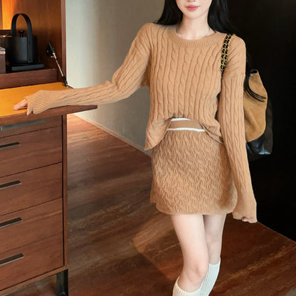 Retro Sexy Round Neck Cable Knit Top High Waist Miniskirt Set