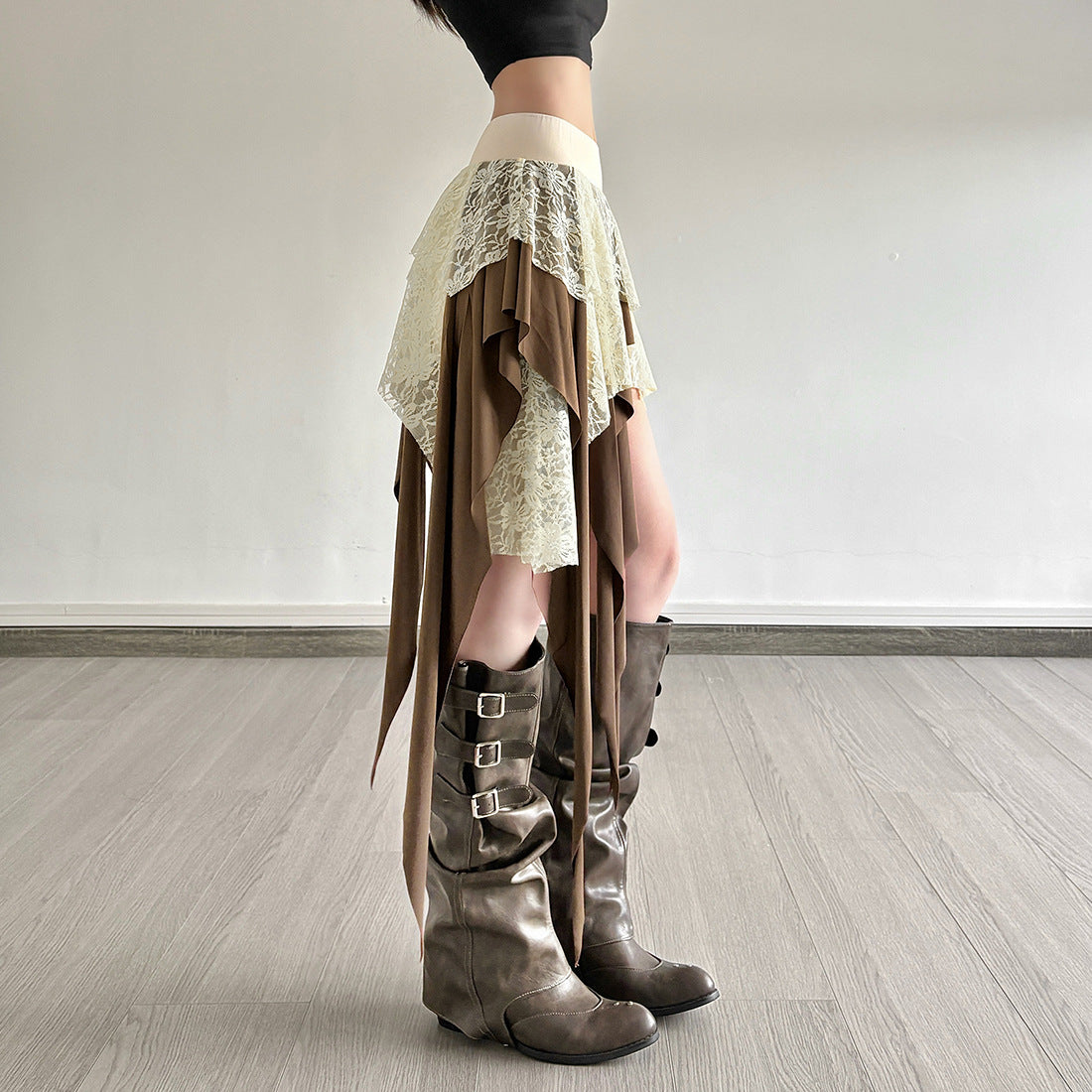 Multi-Layer Lace Patchwork Irregular Tassel Contrasting Color Skirt