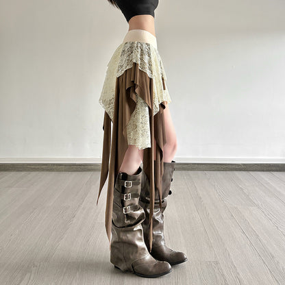 Multi-Layer Lace Patchwork Irregular Tassel Contrasting Color Skirt