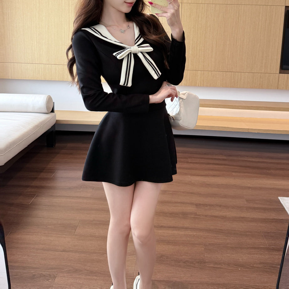 Navy Collar Long-Sleeved Cropped Top And A-Line Skirt Two-Piece Set